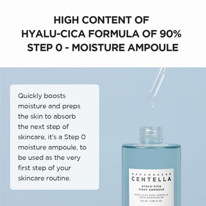 Moisture ampoule bottle with text about hyalu-cica formula on a light blue background