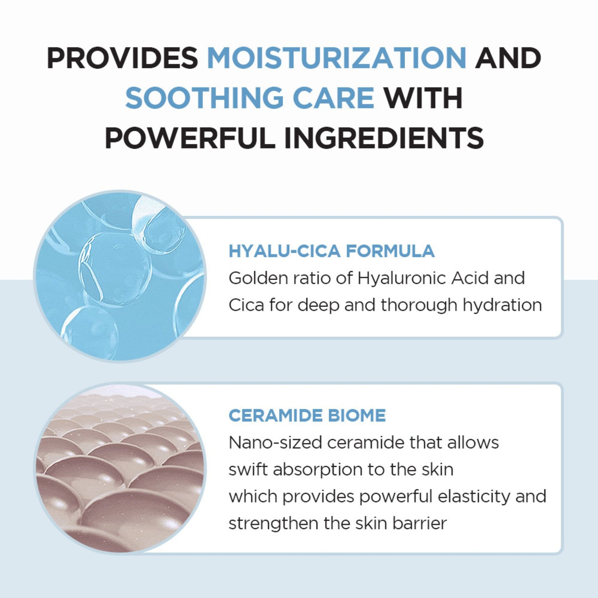 Product description card highlighting moisturization and soothing care with Hyalu-Cica formula and Ceramide Biome.