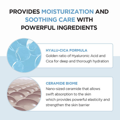 Product description card highlighting moisturization and soothing care with Hyalu-Cica formula and Ceramide Biome.