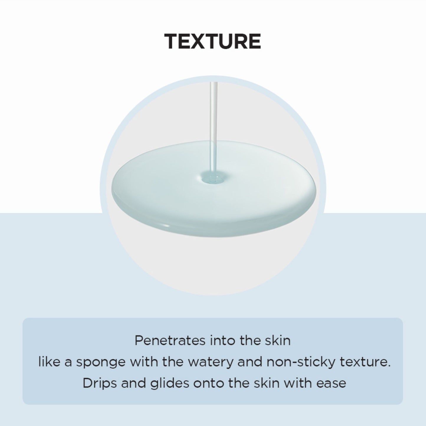 Product with a text overlay describing its texture and how it interacts with skin.