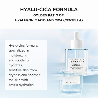 Skintouch Hyalu-Cica skincare product with text about its formula on a light blue background