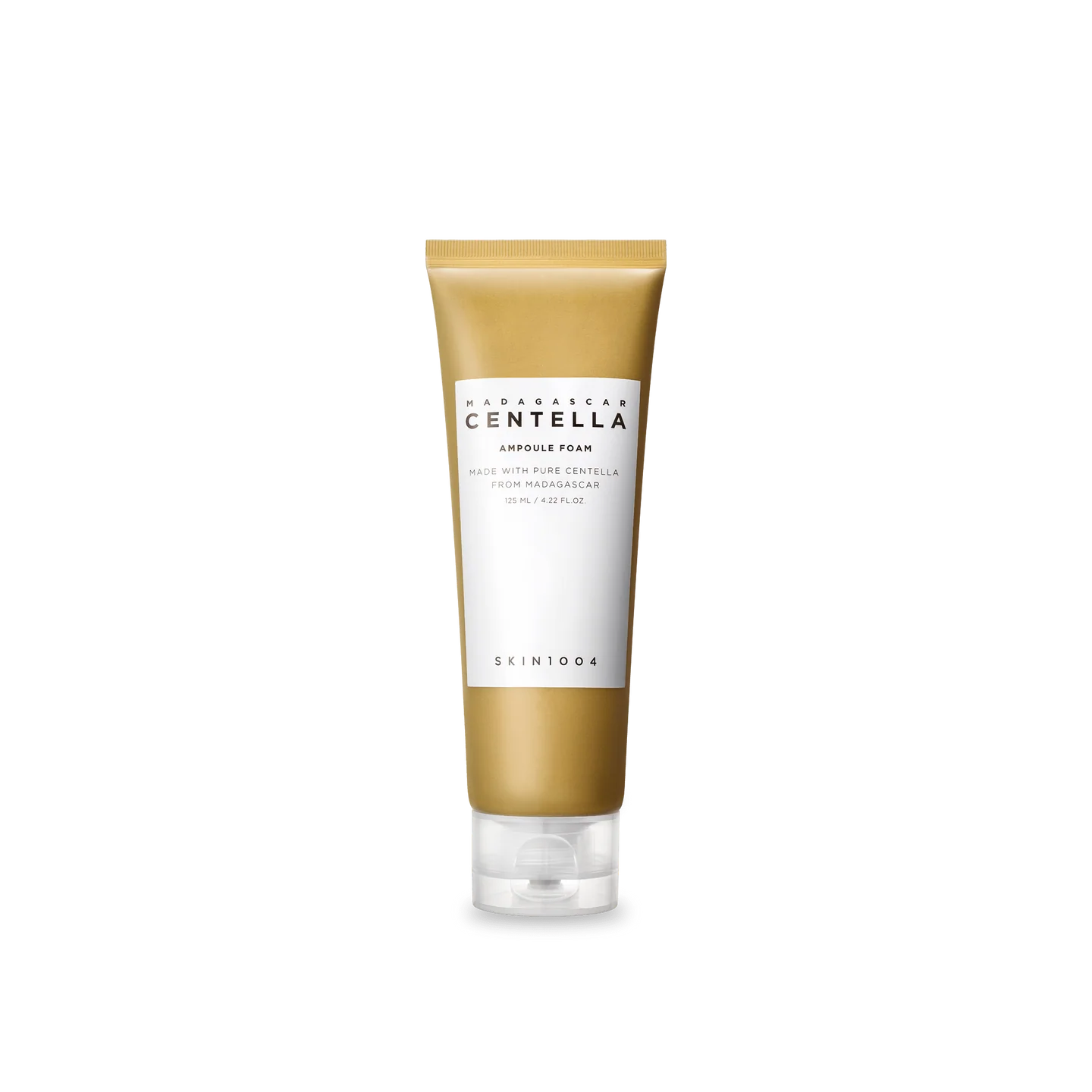 Skincare tube with gold and white design on a white background
