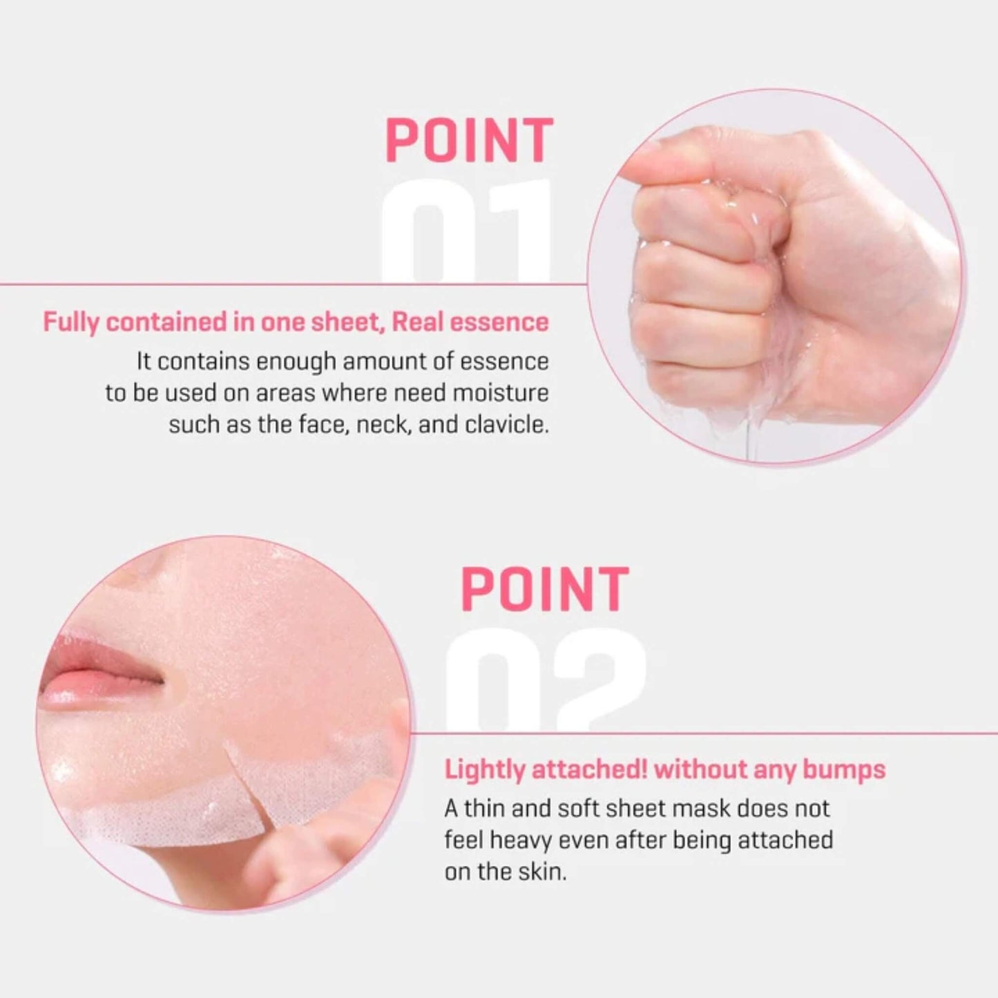 Sheet mask packaging with text and close-up images on a light pink background