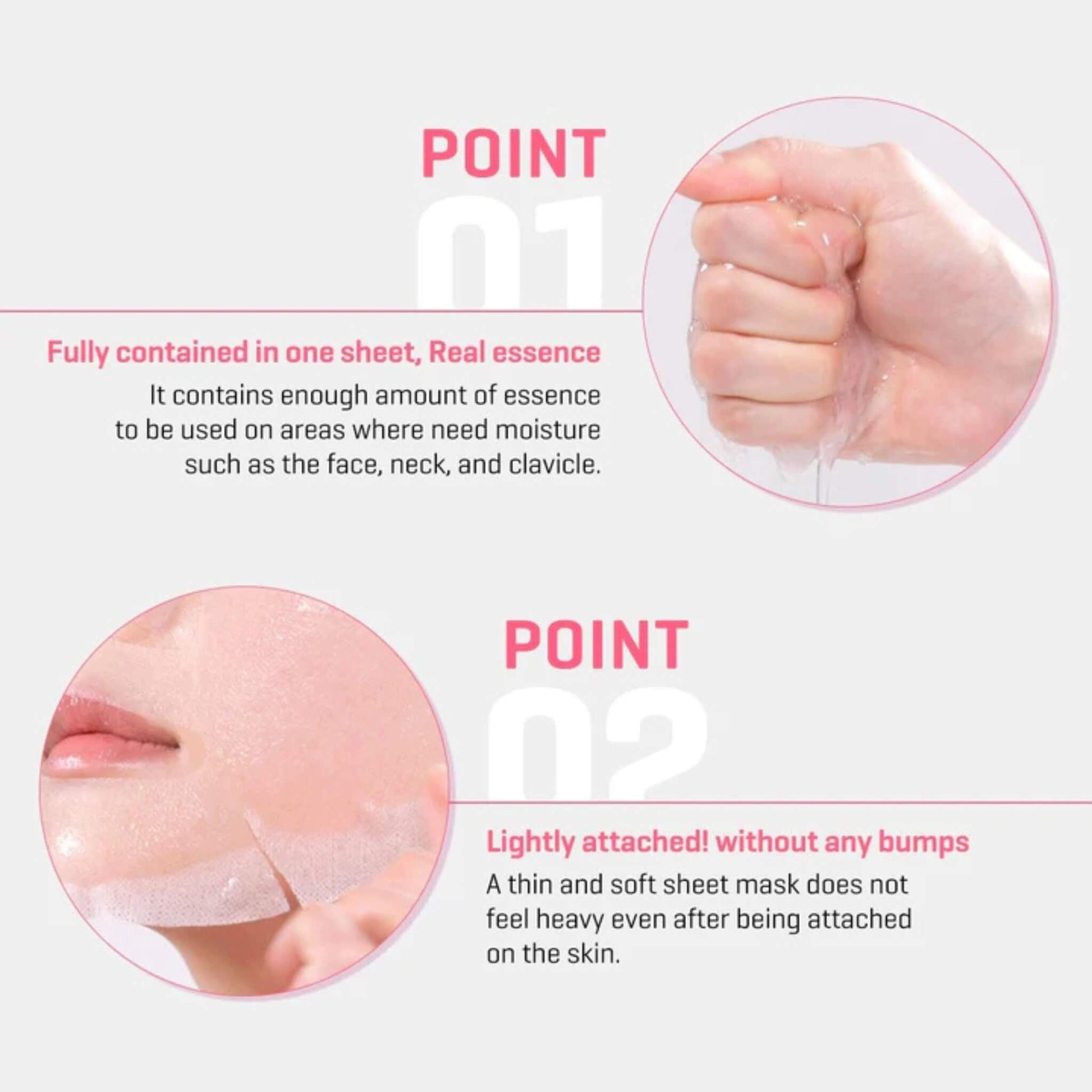 Sheet mask packaging with text and close-up images on a light pink background