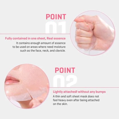 Sheet mask packaging with text and close-up images on a light pink background