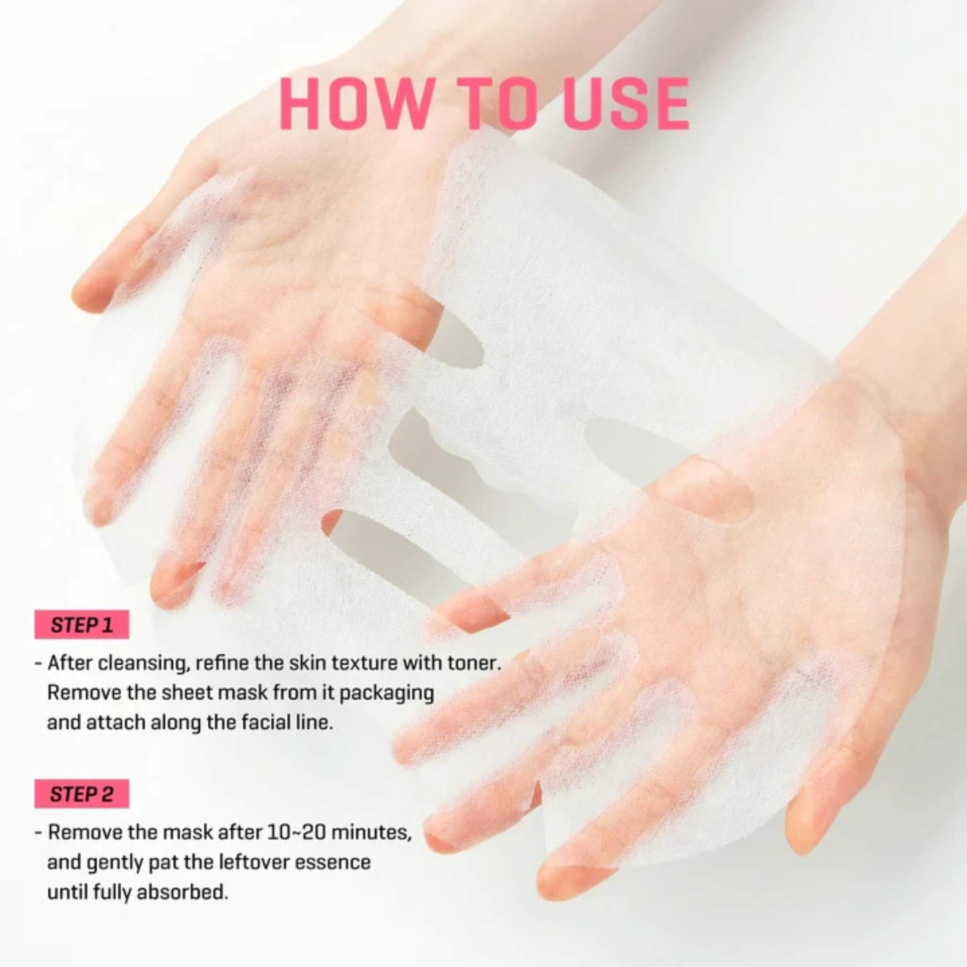 Instructions on how to use a sheet mask with hands applying it and text overlay.
