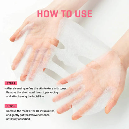 Instructions on how to use a sheet mask with hands applying it and text overlay.