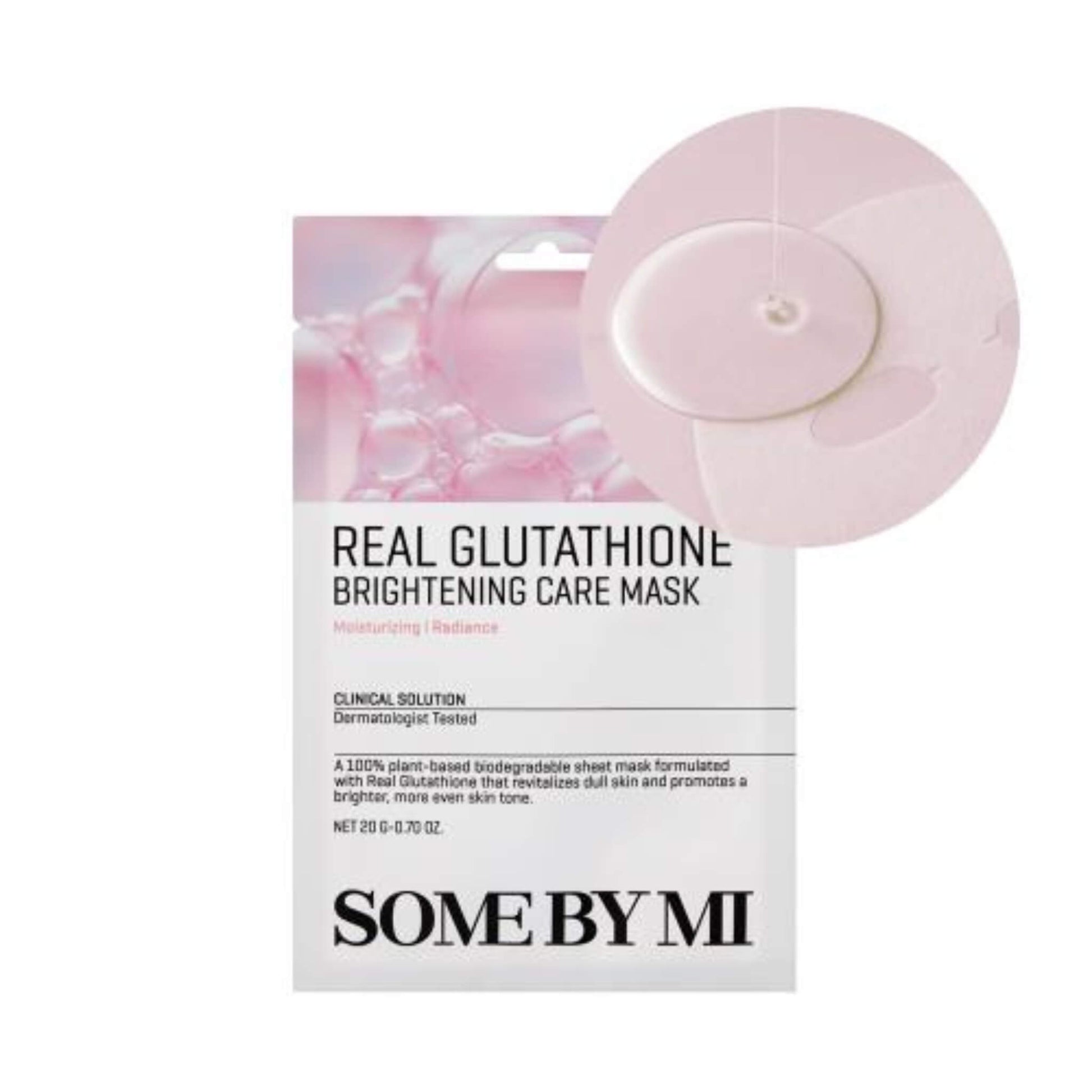 Real Glutathione Brightening Care Mask packaging with pink mask on a white background
