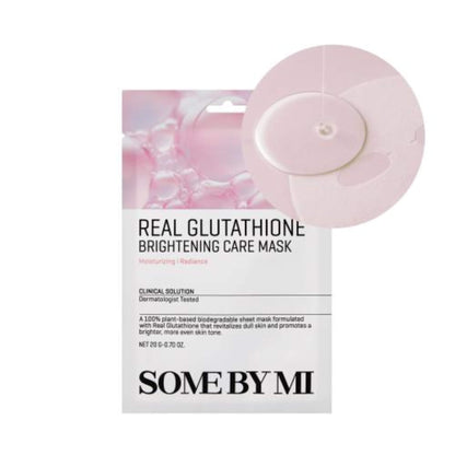 Real Glutathione Brightening Care Mask packaging with pink mask on a white background
