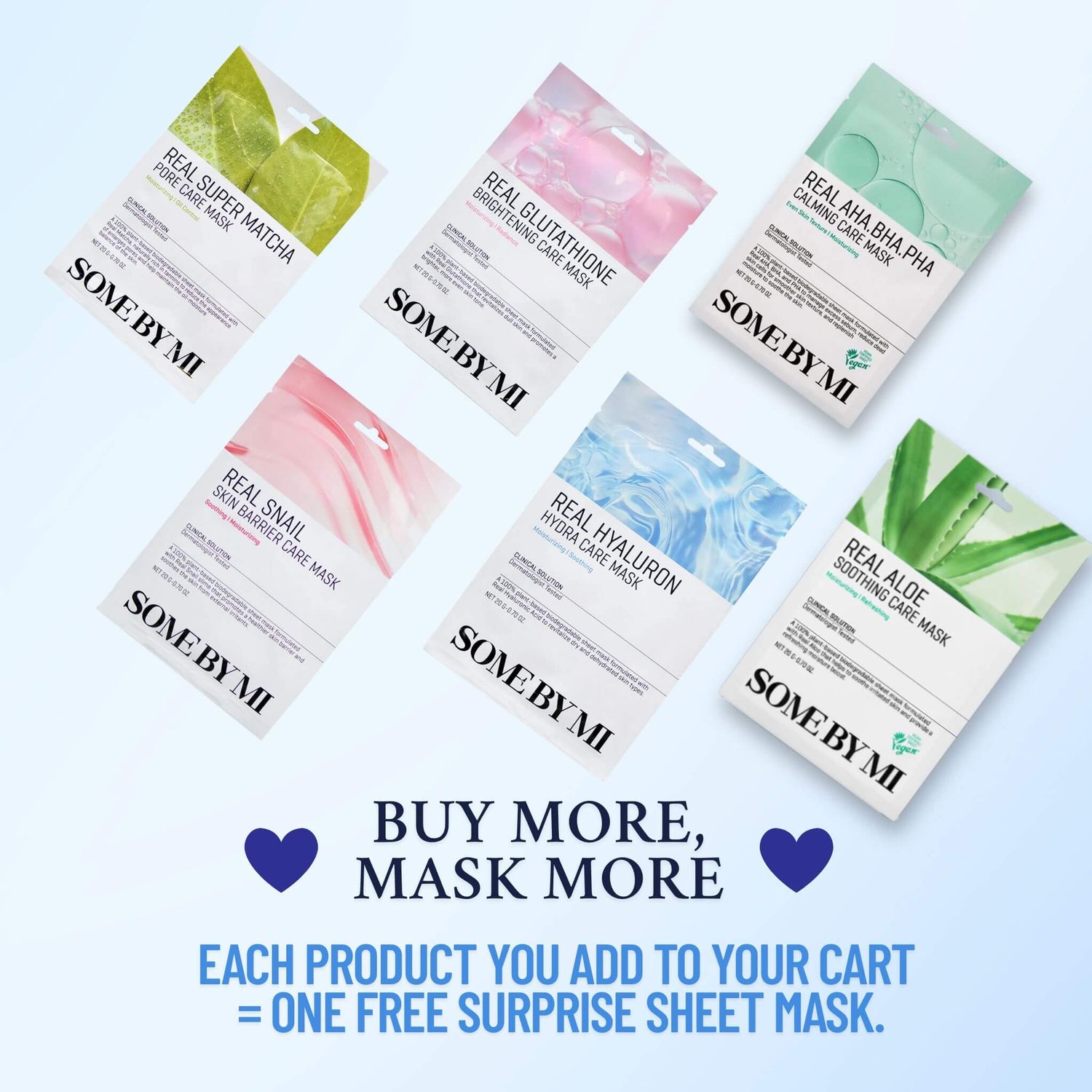 SOME BY MI Real Sheet Mask Collection – free surprise mask with every item added to cart, including Matcha, Glutathione, Snail, Hyaluron, Aloe, and AHA BHA PHA variants