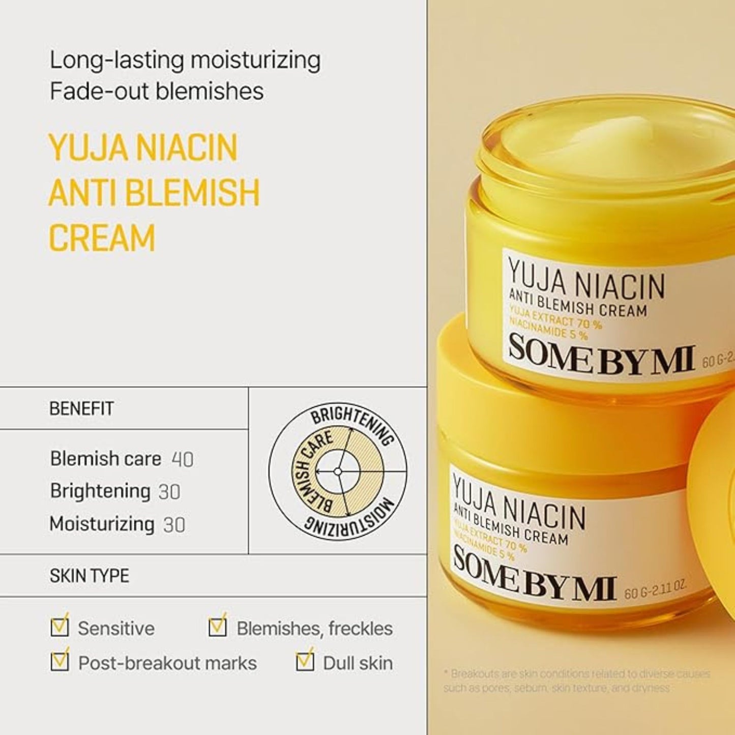 SOME BY MI Yuja Niacin Anti-Blemish Cream 60g with Yuja extract and 5% Niacinamide for brightening and hydration