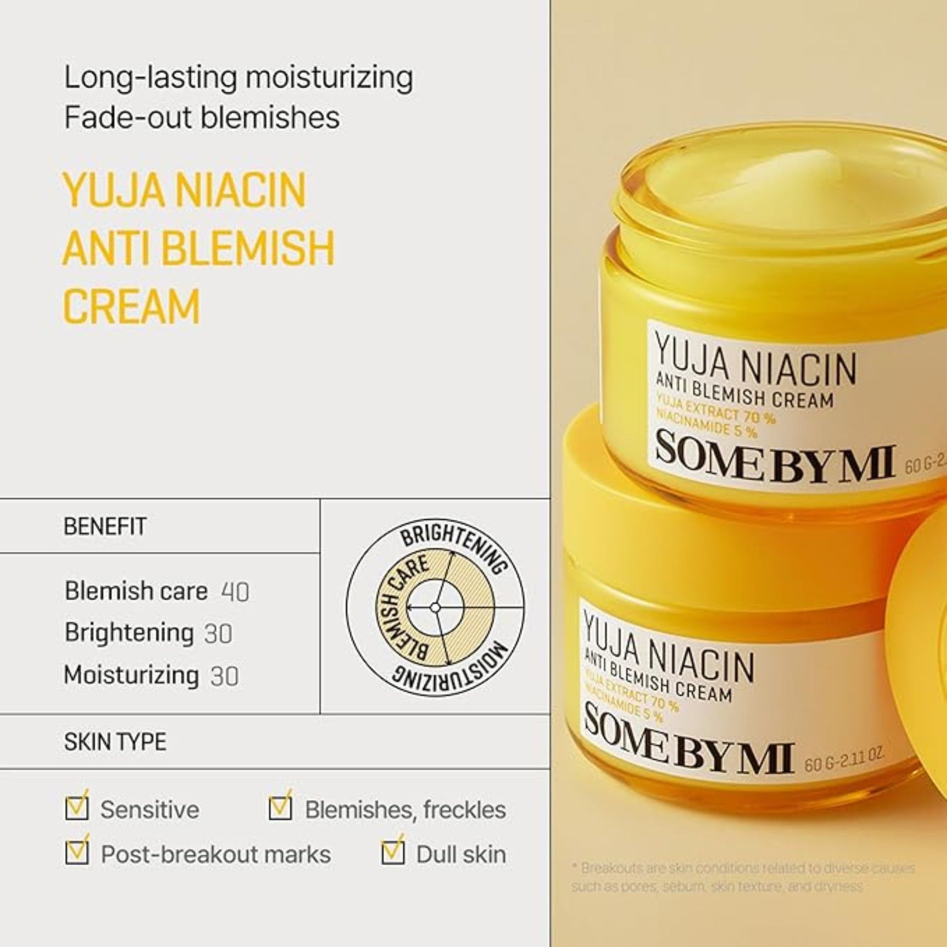 SOME BY MI Yuja Niacin Anti-Blemish Cream 60g with Yuja extract and 5% Niacinamide for brightening and hydration