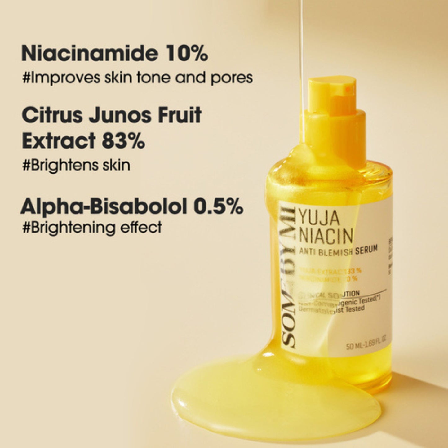 Yellow serum bottle with text about ingredients on a beige background