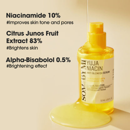 Yellow serum bottle with text about ingredients on a beige background