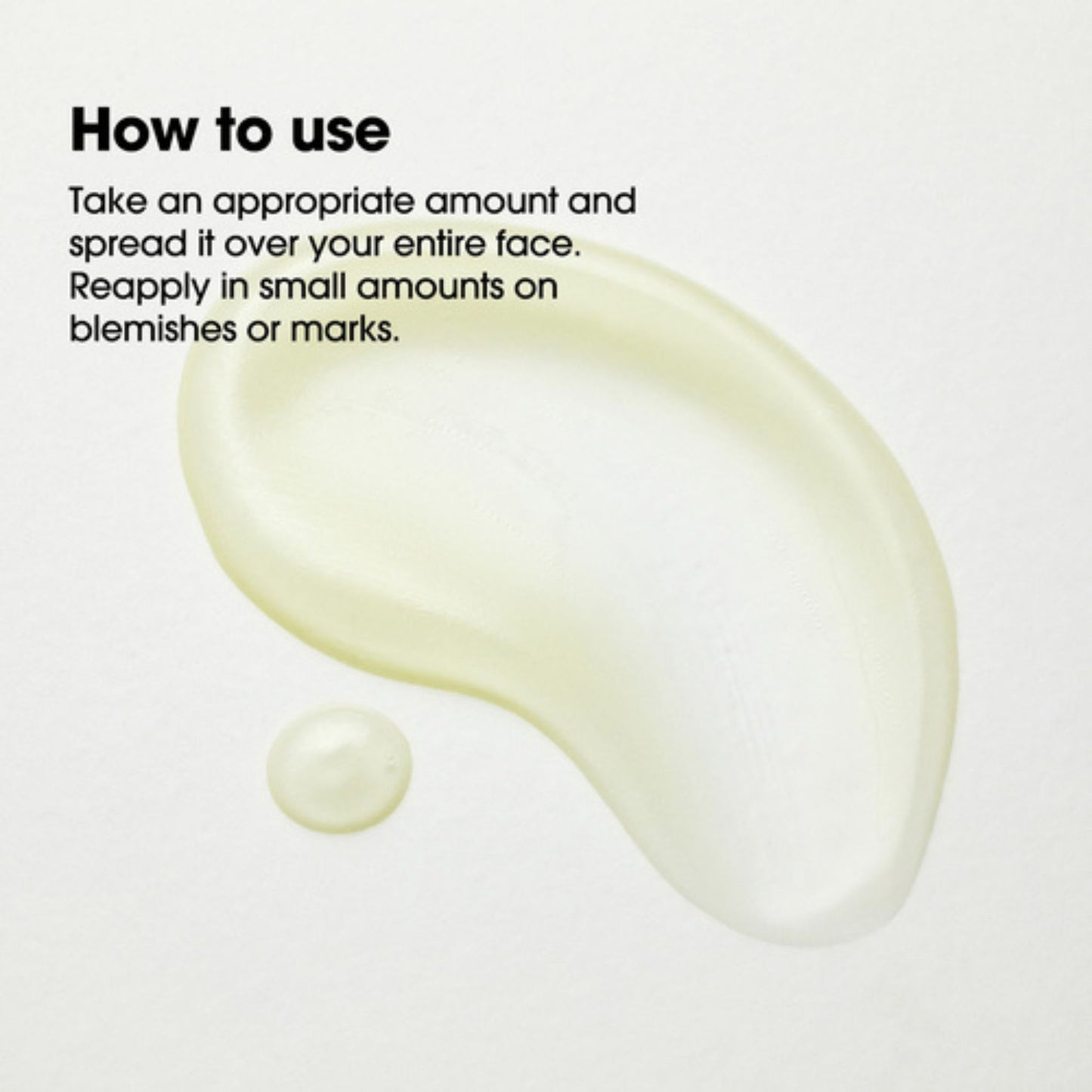 Instructions on how to use a skincare product with droplets on a light background