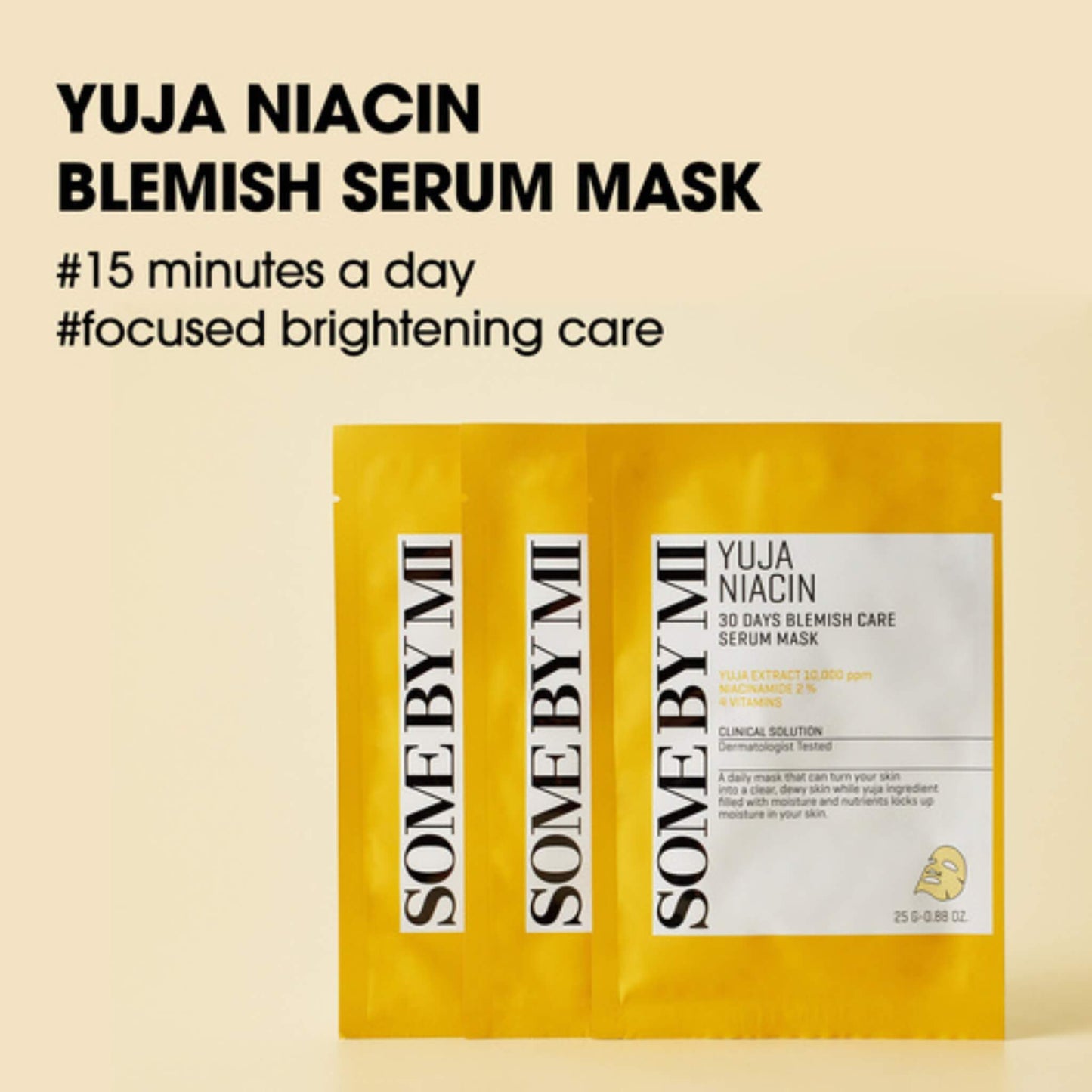 Yuja Niacin blemish serum mask packaging with branding on a beige background