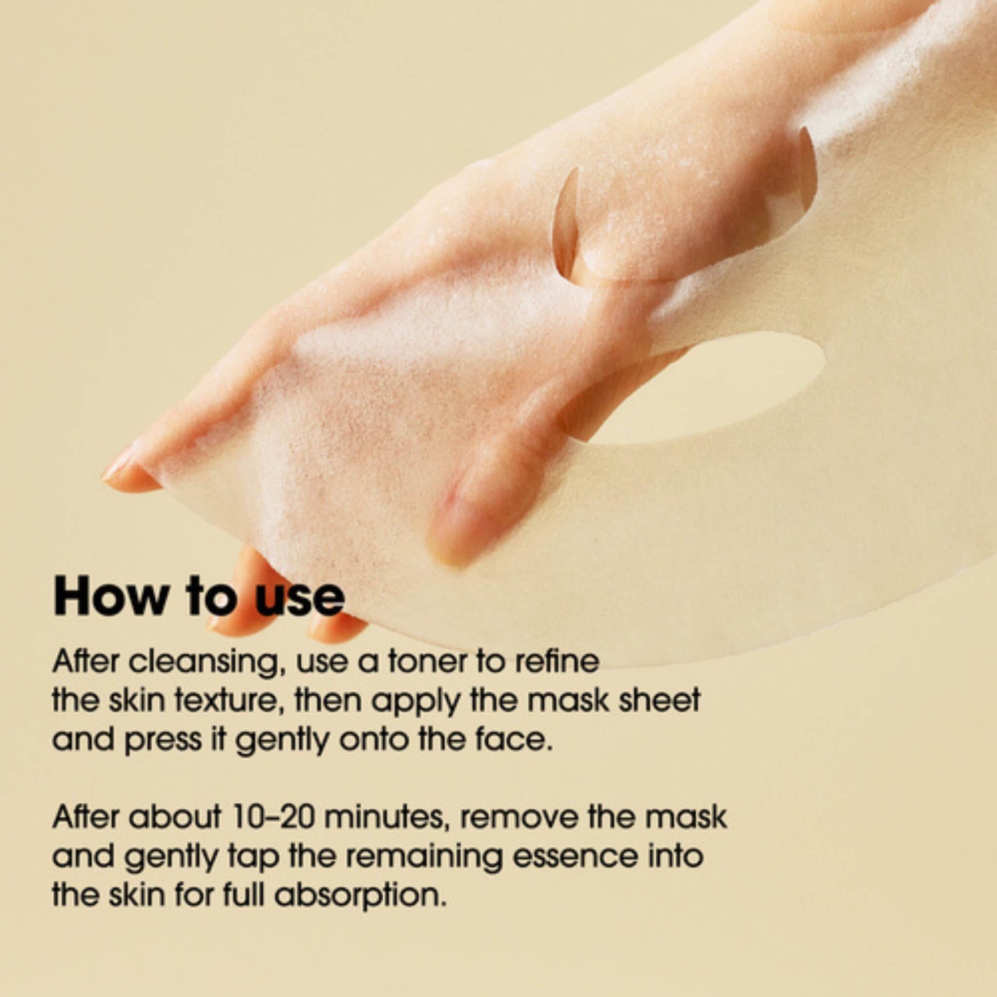 Hand applying a sheet mask with text on how to use it