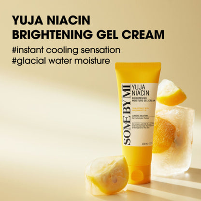 Yuja Niacin brightening gel cream with lemons and ice on a beige background