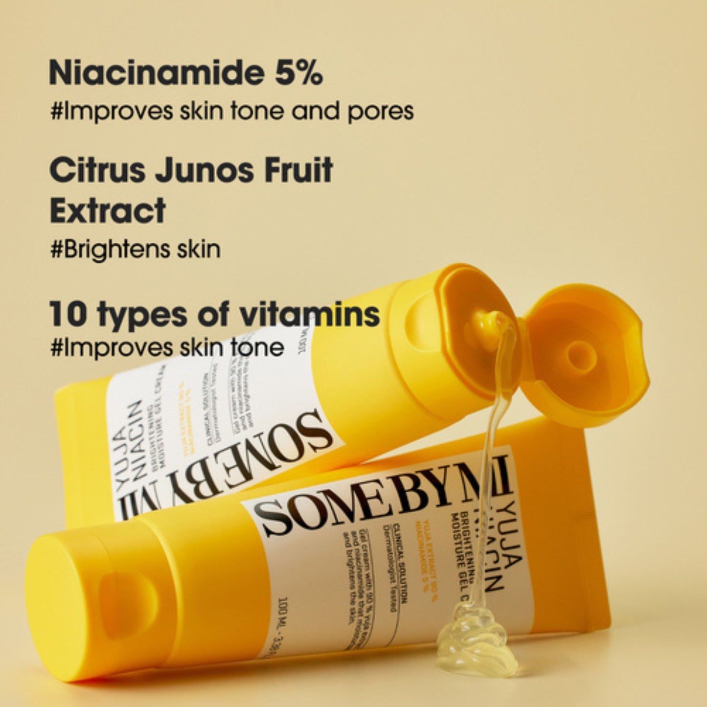 SomeByMi skincare product with text highlighting ingredients on a beige background