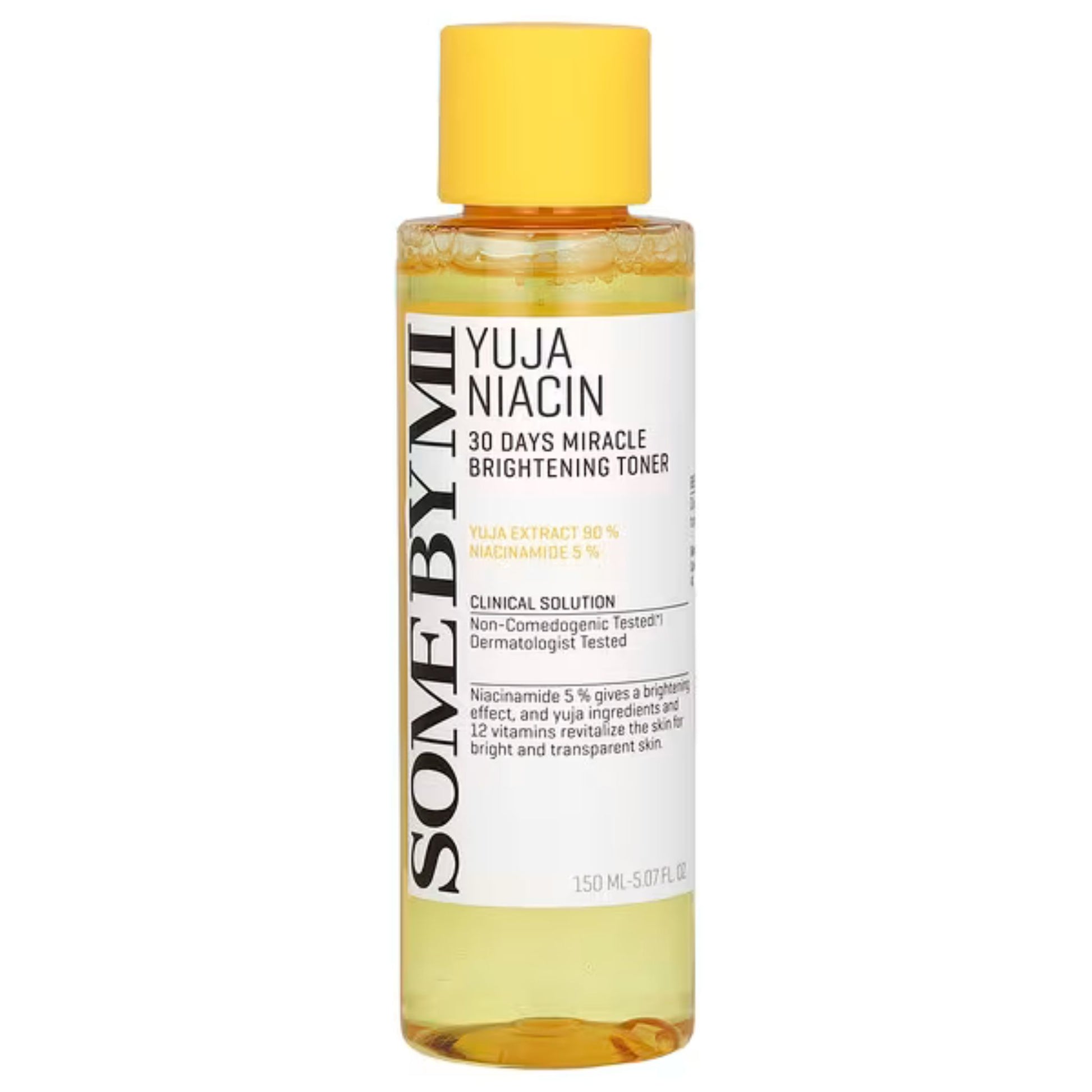 Bottle of Sove By Me Yuja Niacin toner with yellow cap on a white background