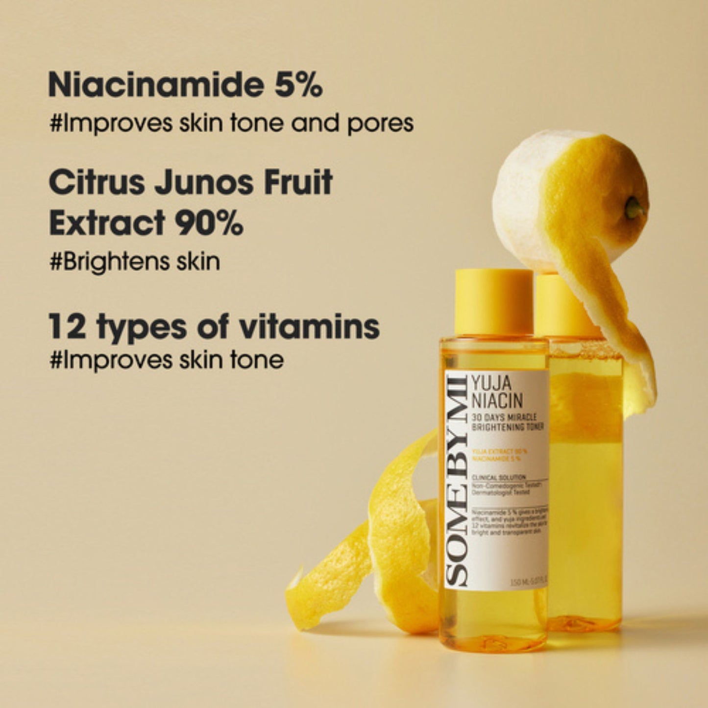 Skincare product with lemon and text about its benefits on a beige background