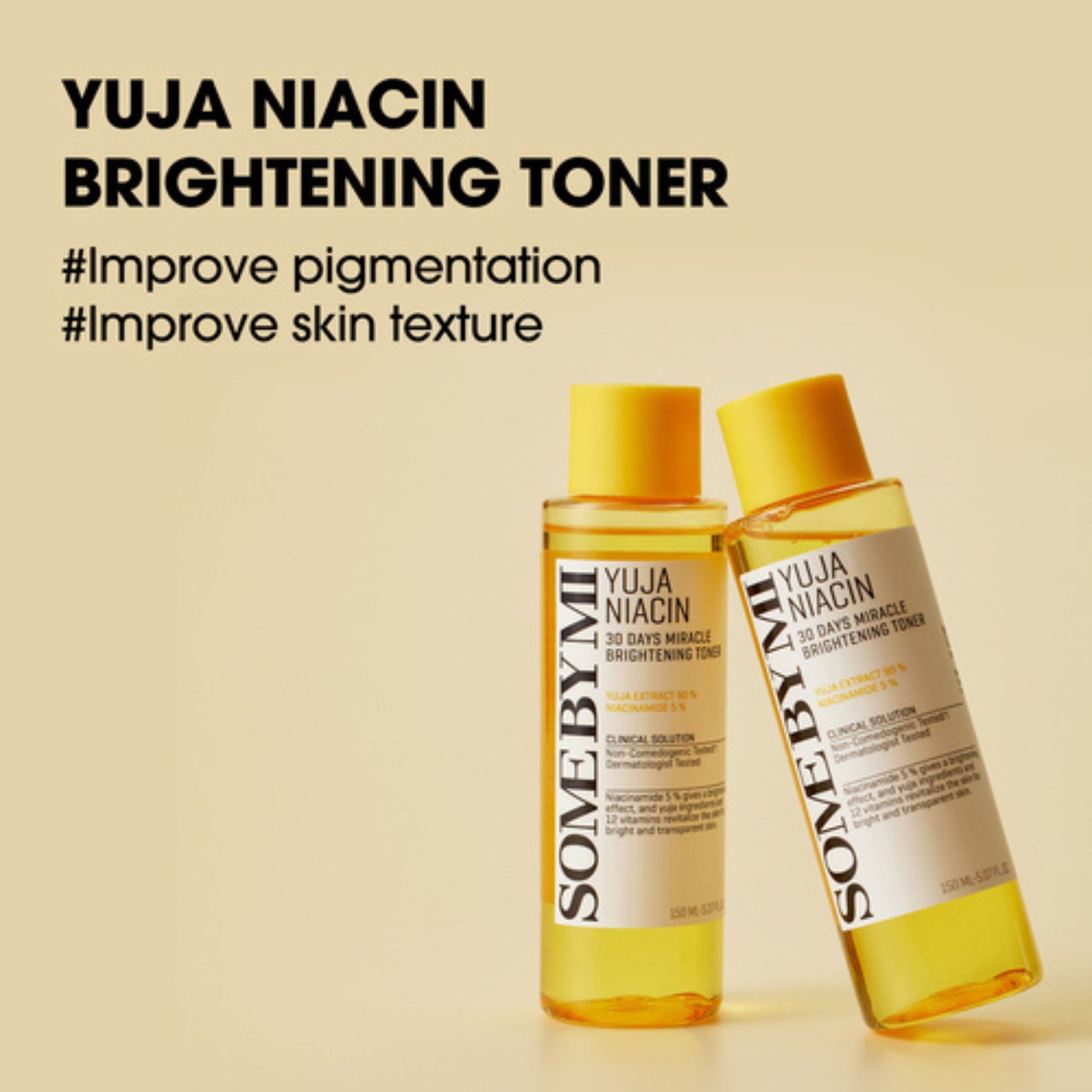 Two bottles of Yuja Niacin Brightening Toner with text on a beige background