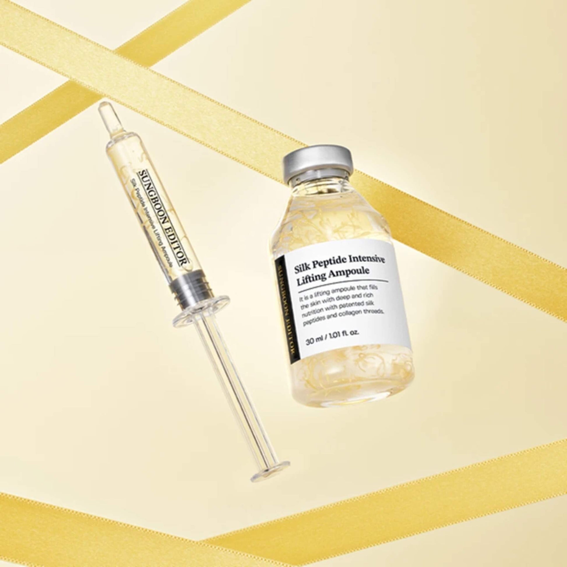 Silk Peptide Intensive Lifting Ampoule bottle and syringe on a beige background with gold stripes