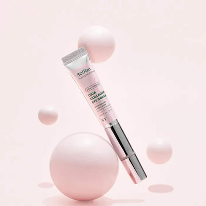 Eye cream tube with pink spheres on a light pink background