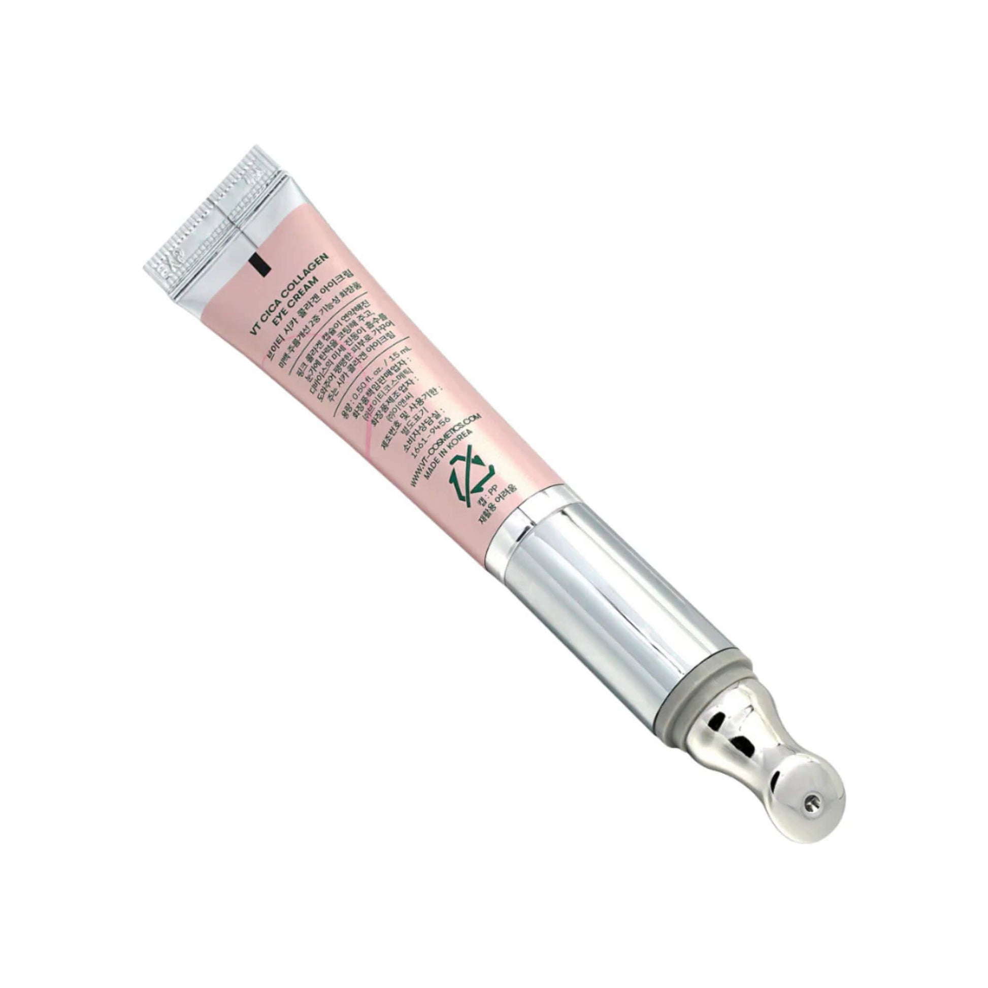 Pink and silver cosmetic applicator on a white background