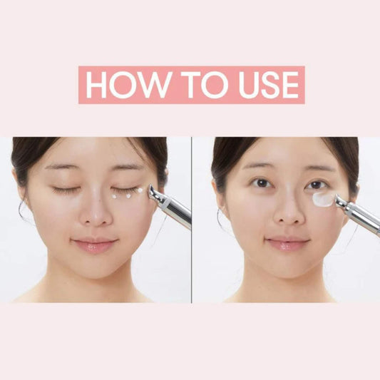 Step-by-step guide on how to use a skincare product with close-up views of a woman applying it.