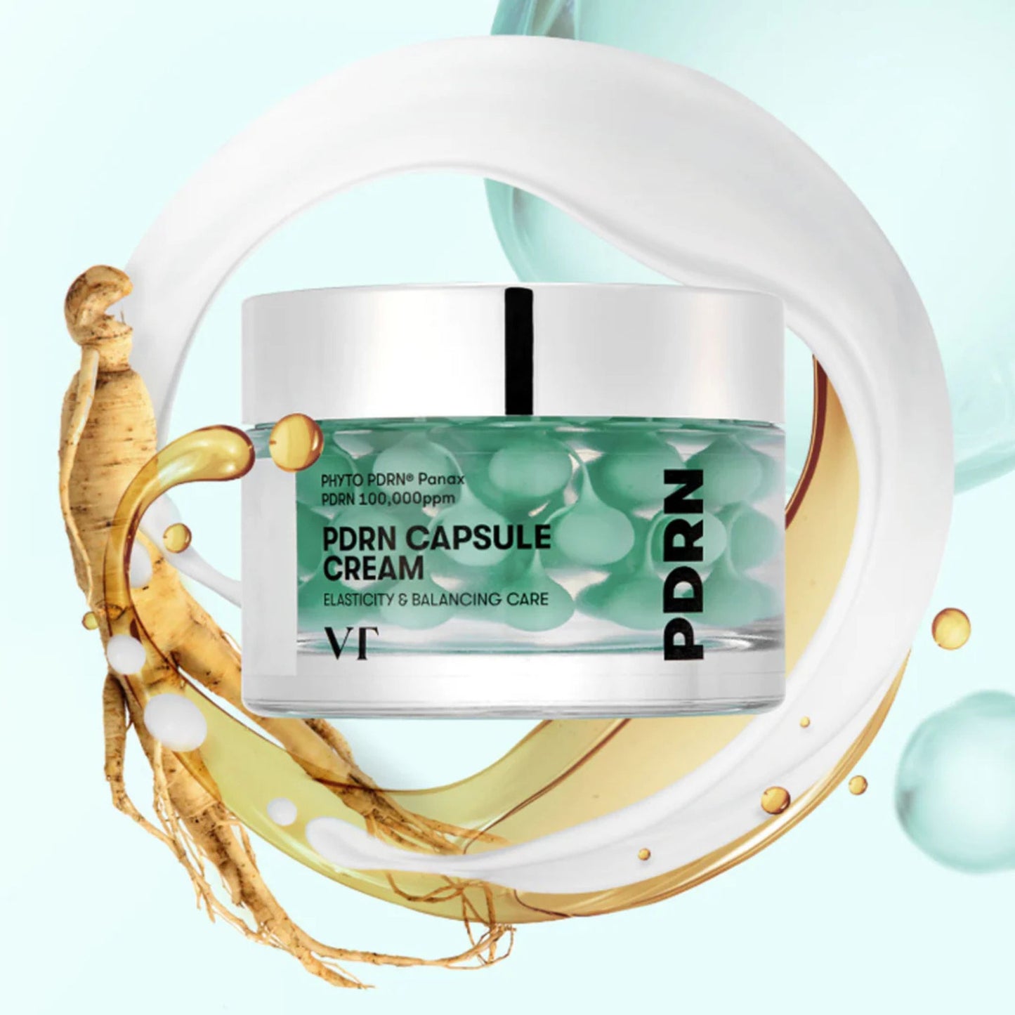 PDRN Capsule Cream jar with decorative elements on a light blue background