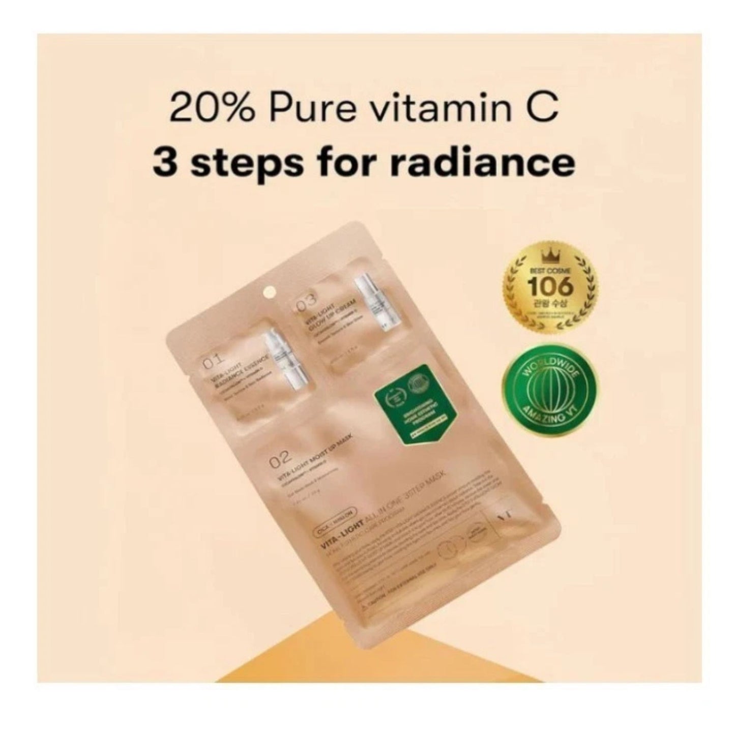 Packaging of a skincare product with '20% Pure vitamin C' and '3 steps for radiance' text on a beige background.