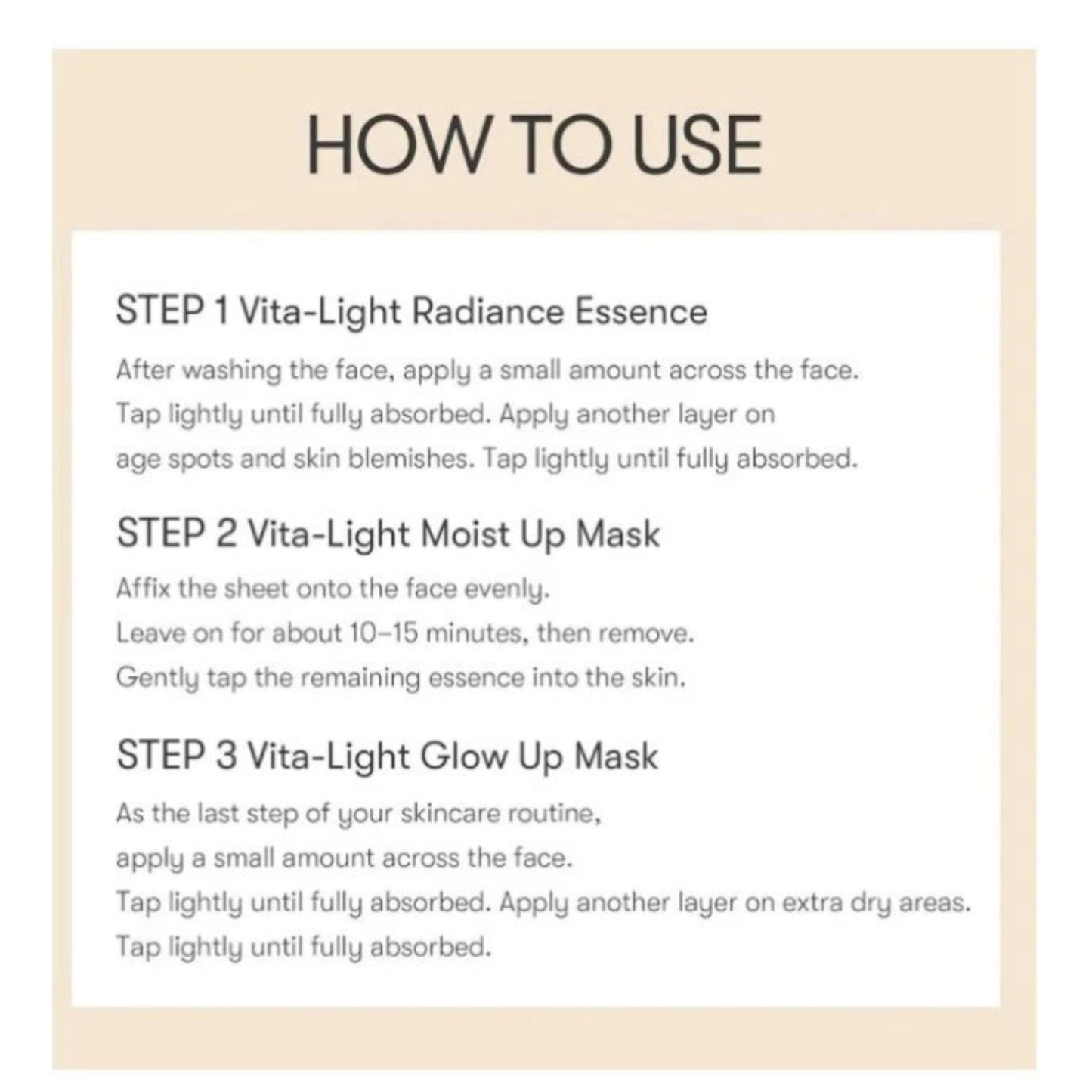 Instructions on how to use Vita-Light skincare products on a beige background