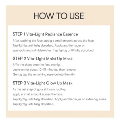 Instructions on how to use Vita-Light skincare products on a beige background