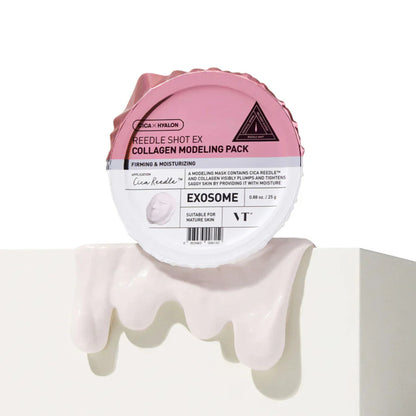 Collagen modeling pack with pink and white packaging on a white background