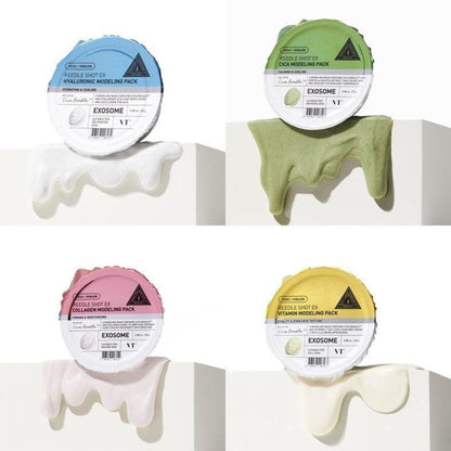 Four Exosome skincare packs in different colors on a white background