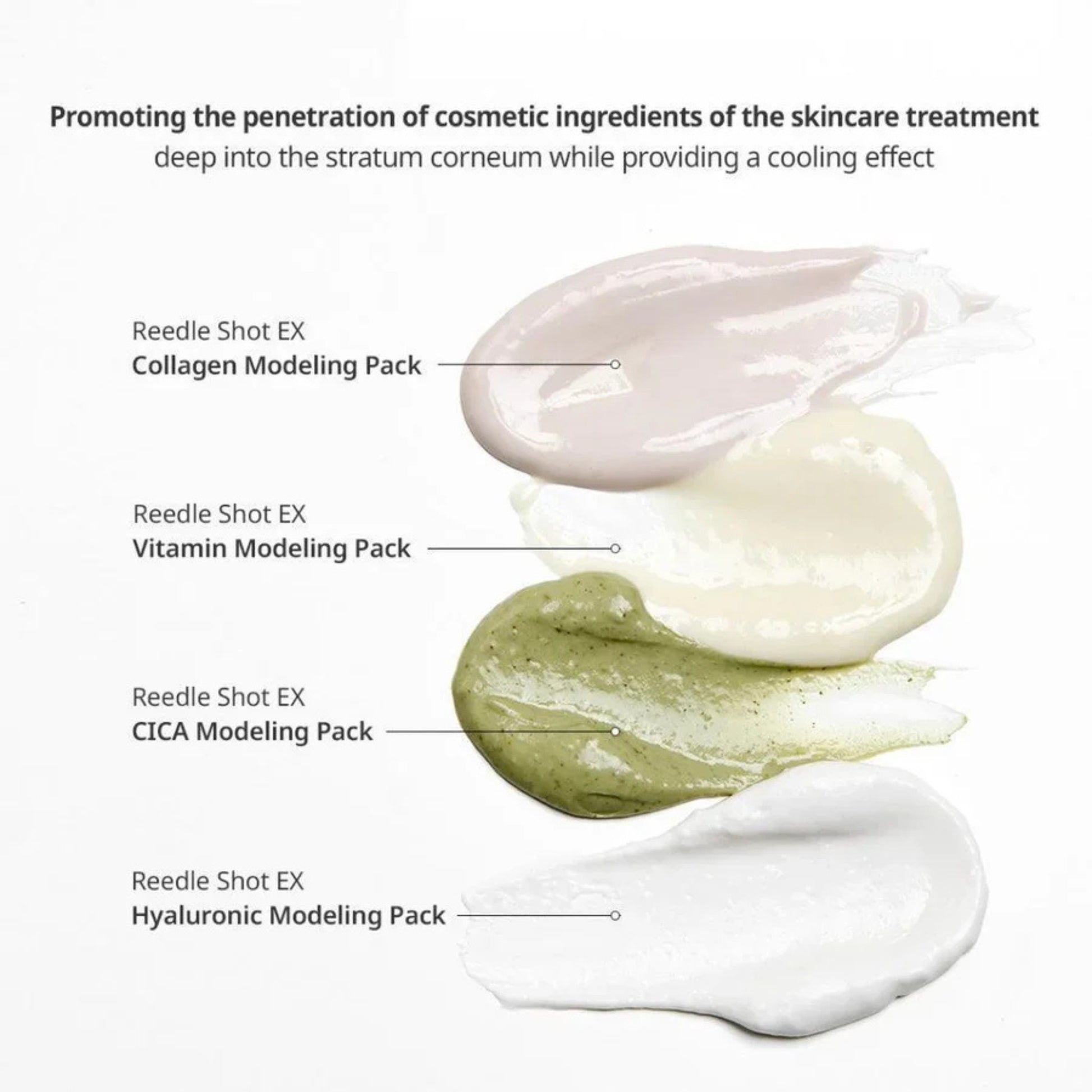 Collagen, Vitamin, CICA, and Hyaluronic Modeling Packs with text on a white background