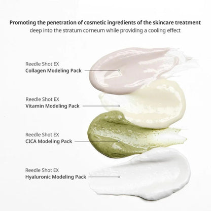 Collagen, Vitamin, CICA, and Hyaluronic Modeling Packs with text on a white background