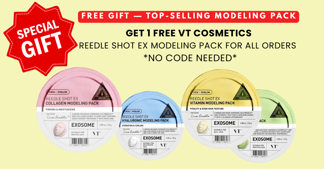 Free gift promotion featuring VT Cosmetics Reedle Shot EX Modeling Packs in four types — collagen, hyaluronic, vitamin, and tea tree — offered with all orders, no code needed