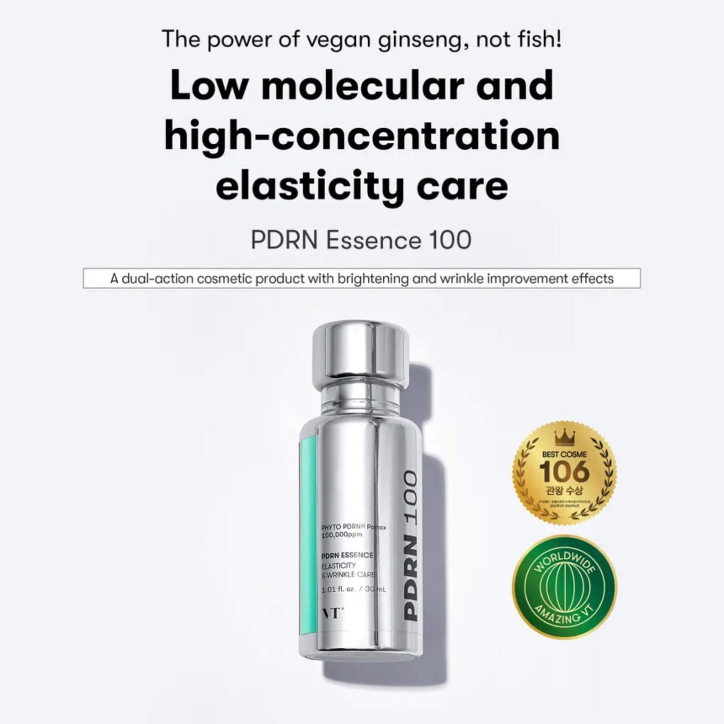 PDRN Essence 100 bottle with text about vegan ginseng and elasticity care on a white background