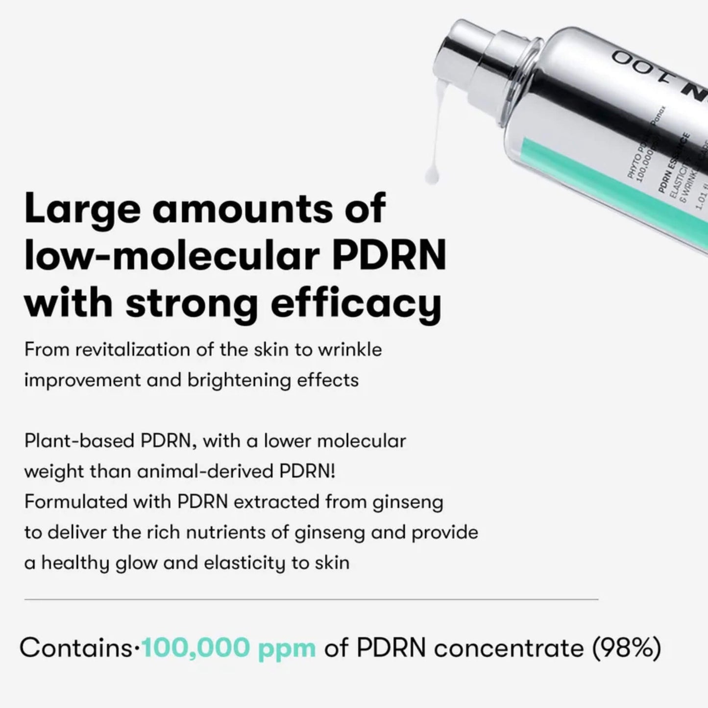 Skincare product with text about PDRN concentration and benefits on a white background