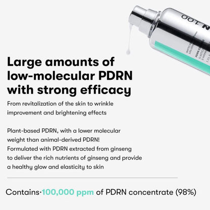 Skincare product with text about PDRN concentration and benefits on a white background