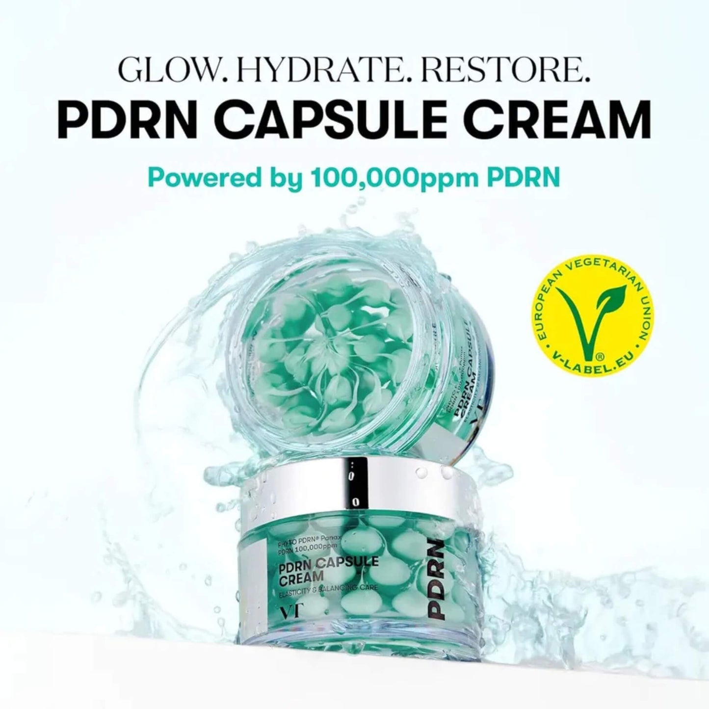 PDRN Capsule Cream with packaging and water droplets on a white background