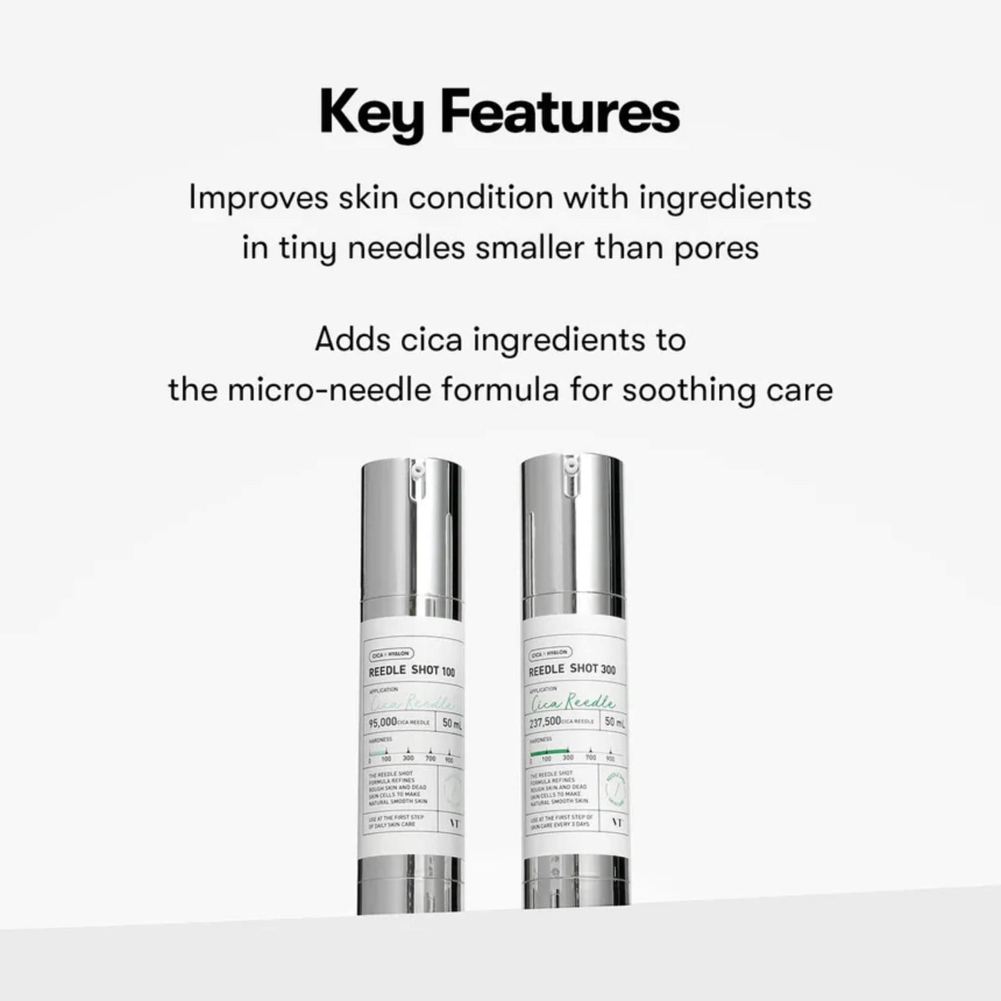 Two skincare bottles with text about micro-needle formula and soothing care on a white background