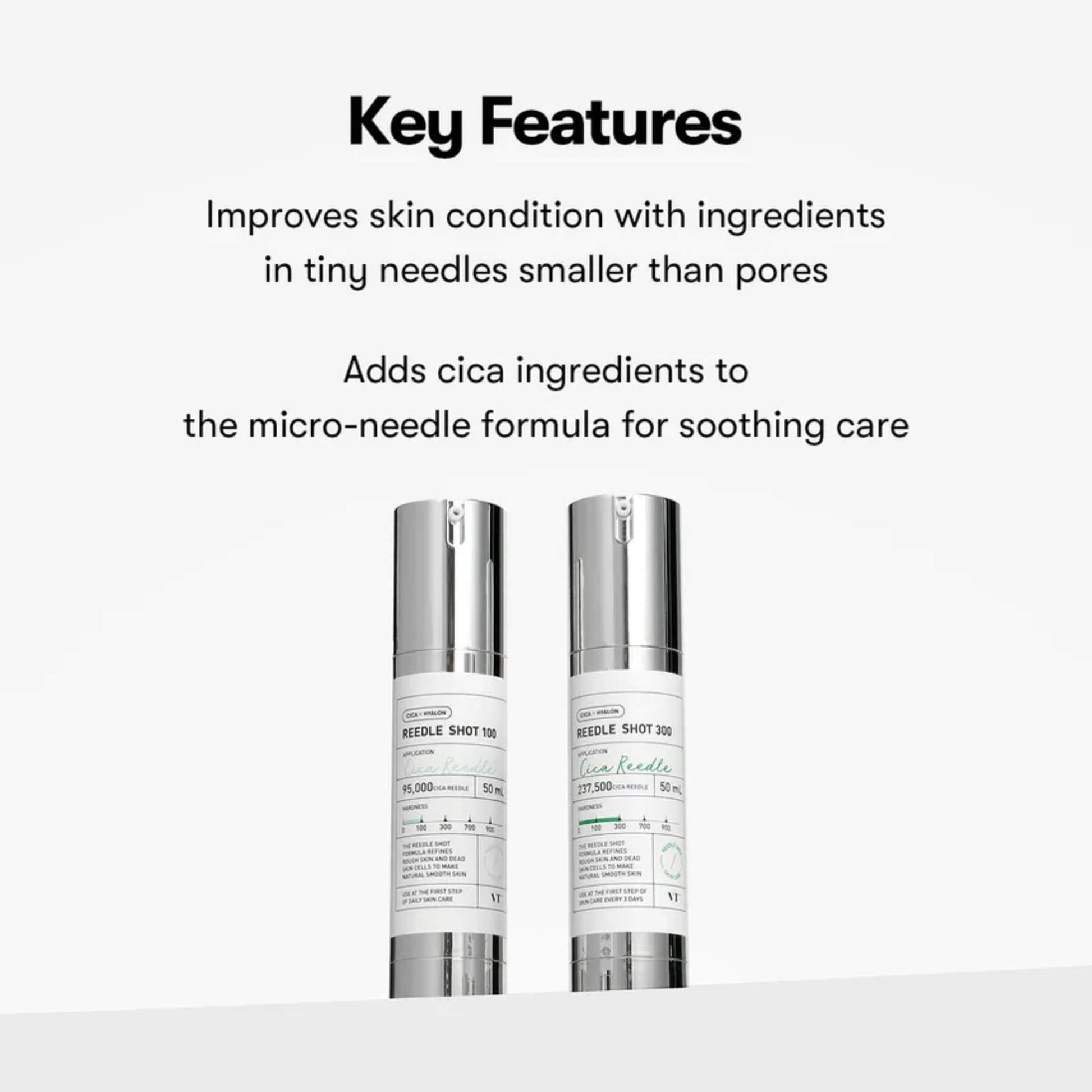 Two skincare bottles with text about micro-needle formula and soothing care on a white background