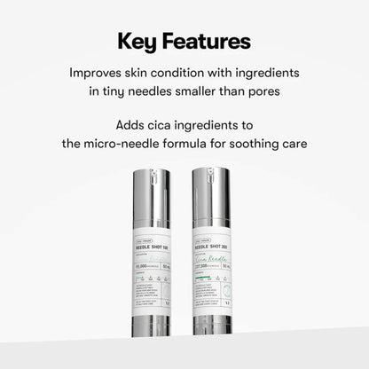 Two skincare bottles with text about micro-needle formula and soothing care on a white background
