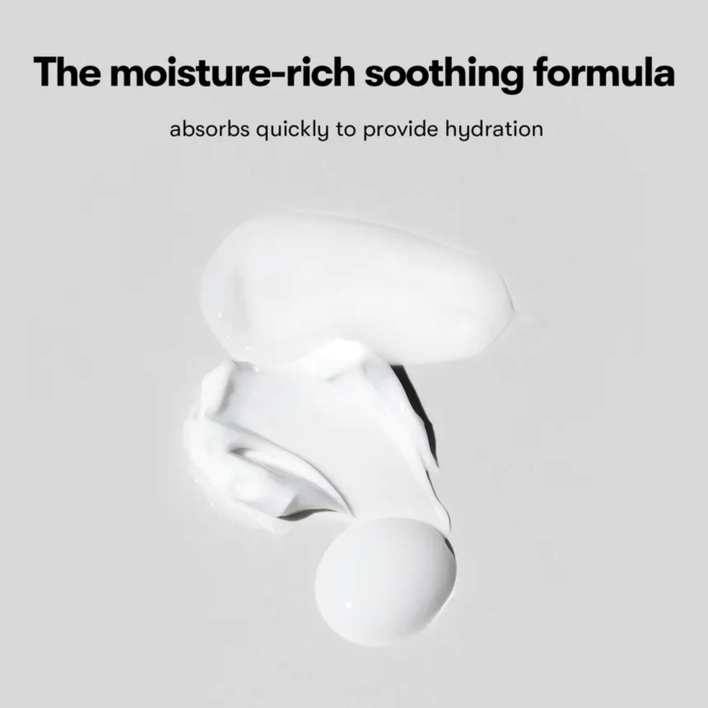 White product with text about moisture-rich soothing formula on a light gray background